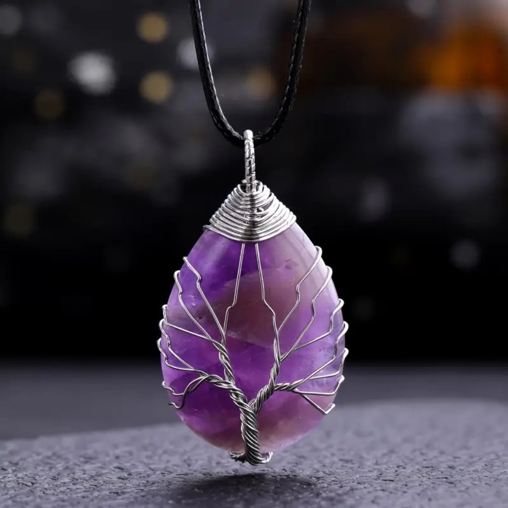 Amethyst Natural Gemstone Tree Of Life Wire Wrap Pendant Necklace